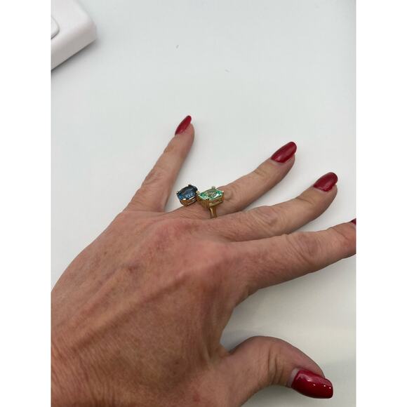 14k Gold Two Stone Ring London Blue Mint Green Spinel Negative Space Adjustable - Picture 9 of 10